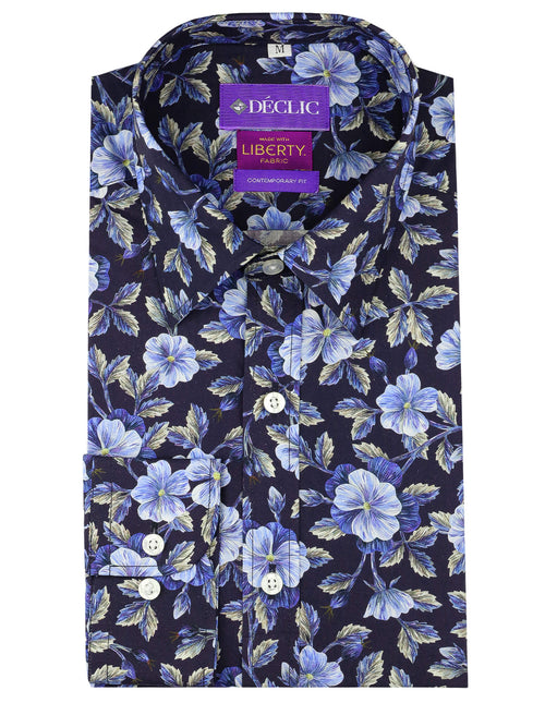 DÉCLIC Liberty Embroidered Botanical Print Shirt - Navy