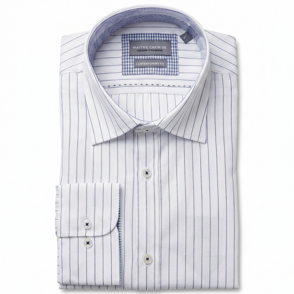 Maitre Chemise 'Ligne Bleu' Single Cuff White Shirt