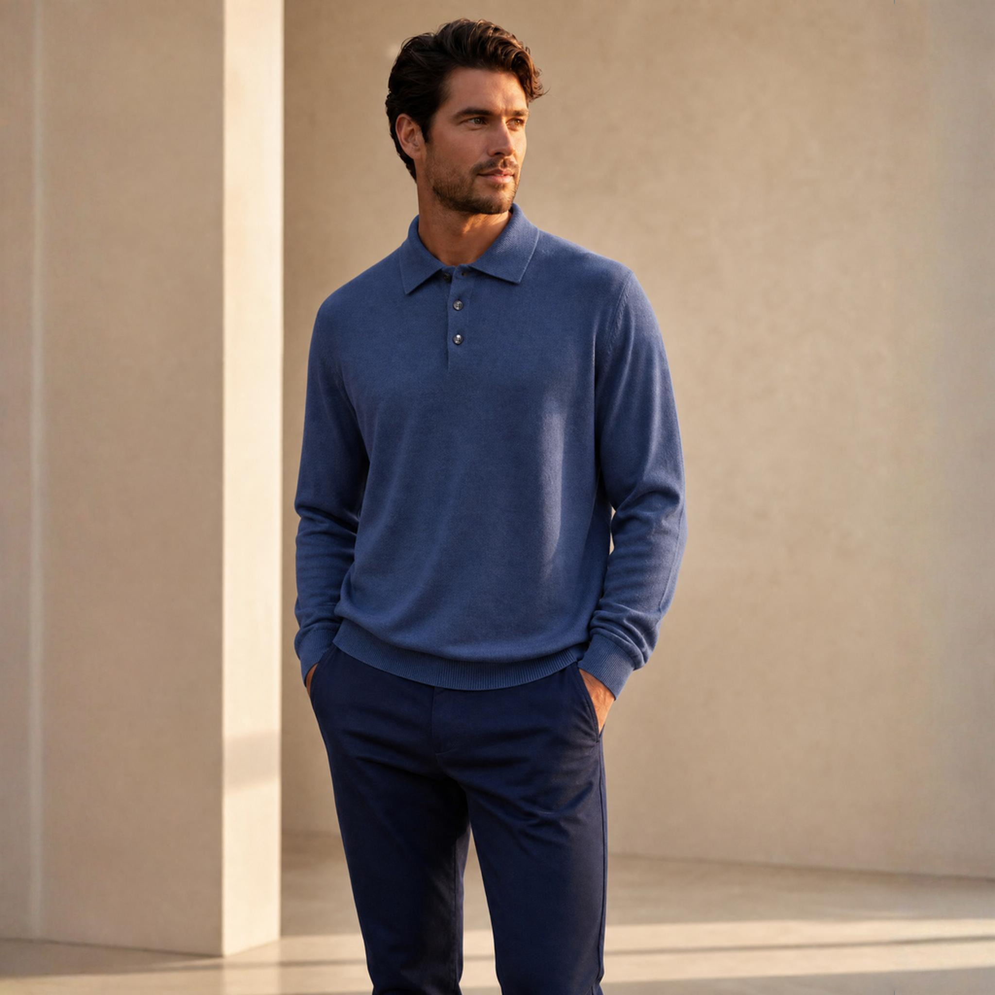 DÈCLIC Ellery Merino Wool Long Sleeve Polo - Vintage Blue