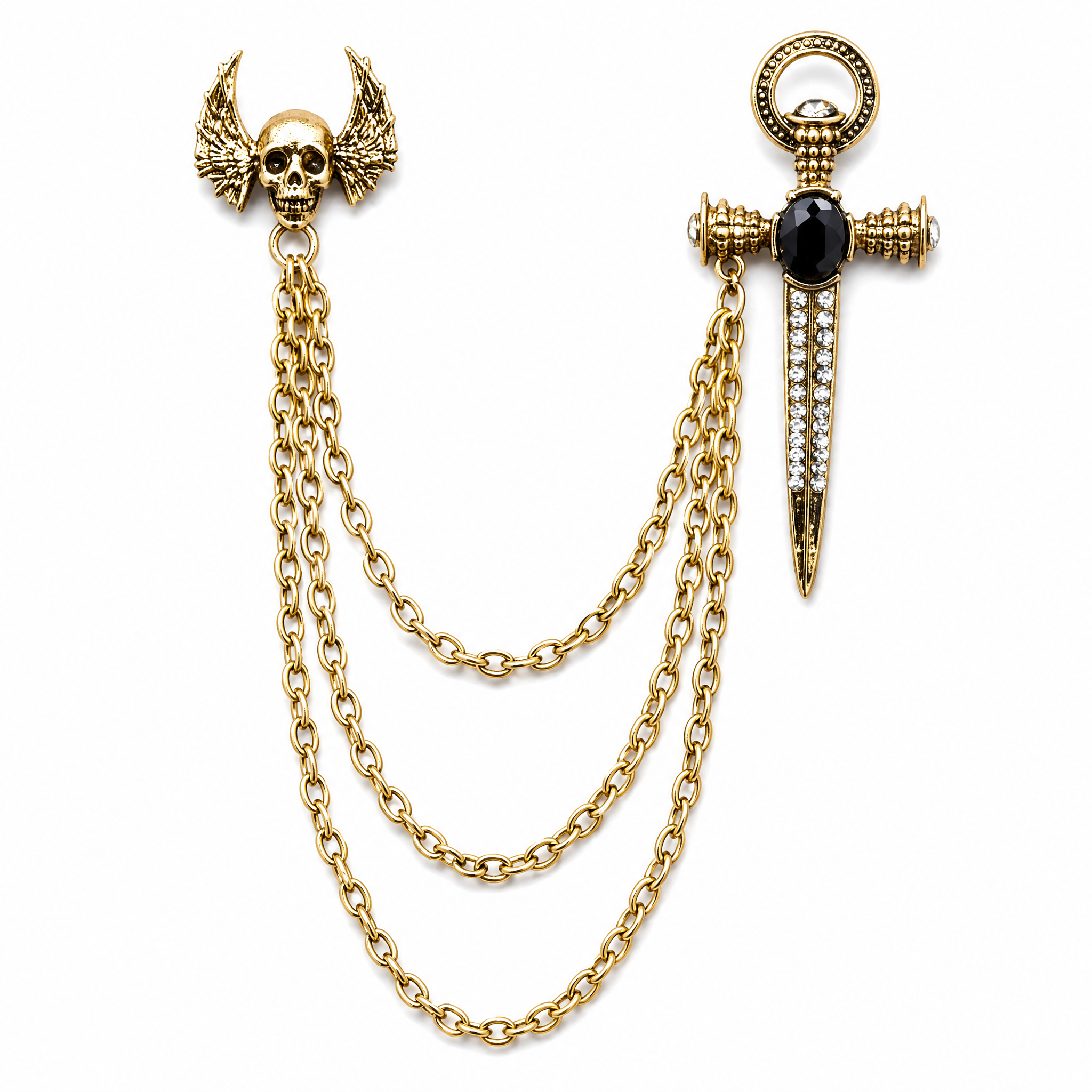 DÉCLIC Skull Dagger Chain Lapel Pin – Gold/Black
