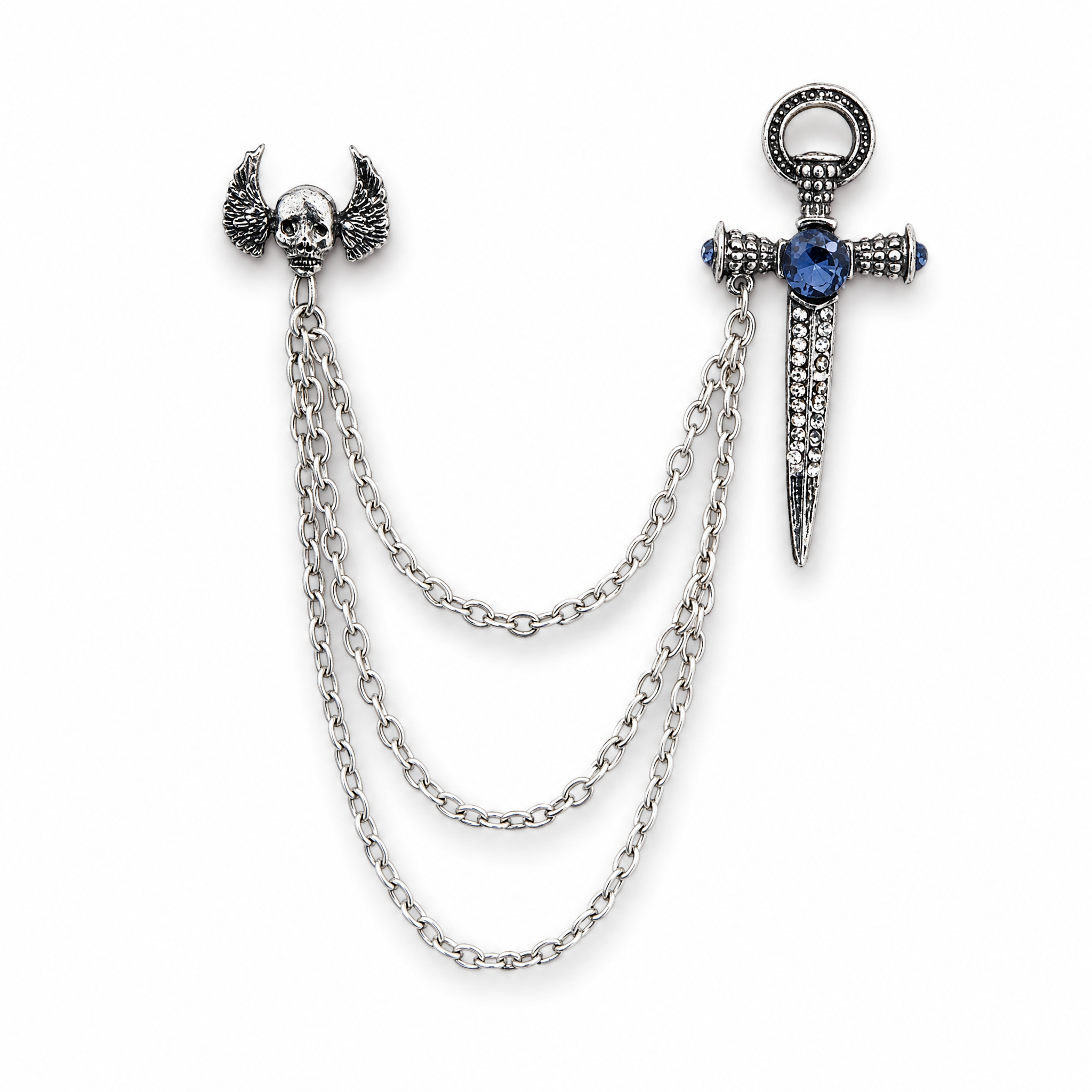 DÉCLIC Skull Dagger Chain Lapel Pin – Silver/Blue