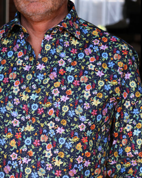 Stenstroms Oxford Floral Print Shirt - Navy